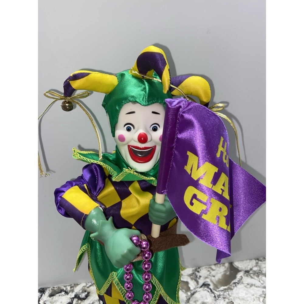 13" Jester Standing Clown Doll in Purple, Gold and Green Mardi Gras Costume